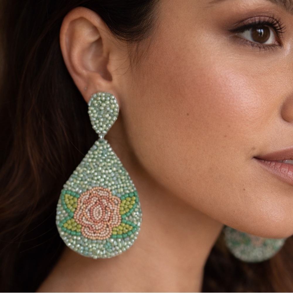 Kay Lee New York | Handmade Beaded Floral Teardrop Statement Earrings - Boho NWT